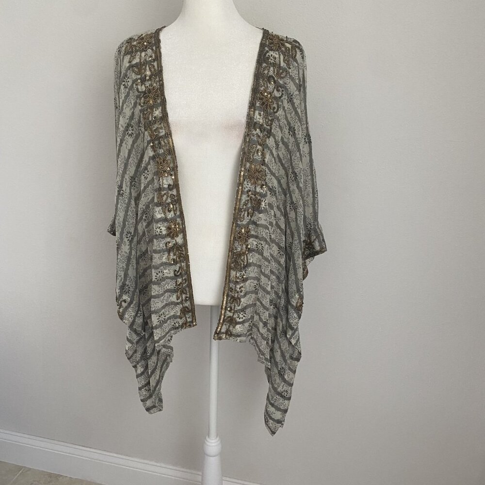 Soft Surroundings Womens L/XL Brown Kimono Sheer Cardigan Biege Stripes Beaded